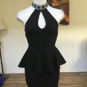 IPONA Formal Short Dress Big Stones Neckline Backless Peplum Bodycon Blk  S